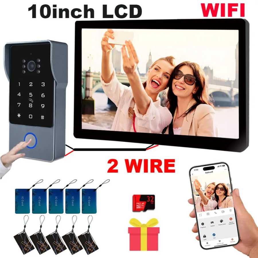 Видеодомофон Tuya Wifi Smart Home с сенсорным монитором 10 дюймов 1080P, 2-проводной дверной звонок, камера для двери, система безопасности Доступ к автоматизации здания