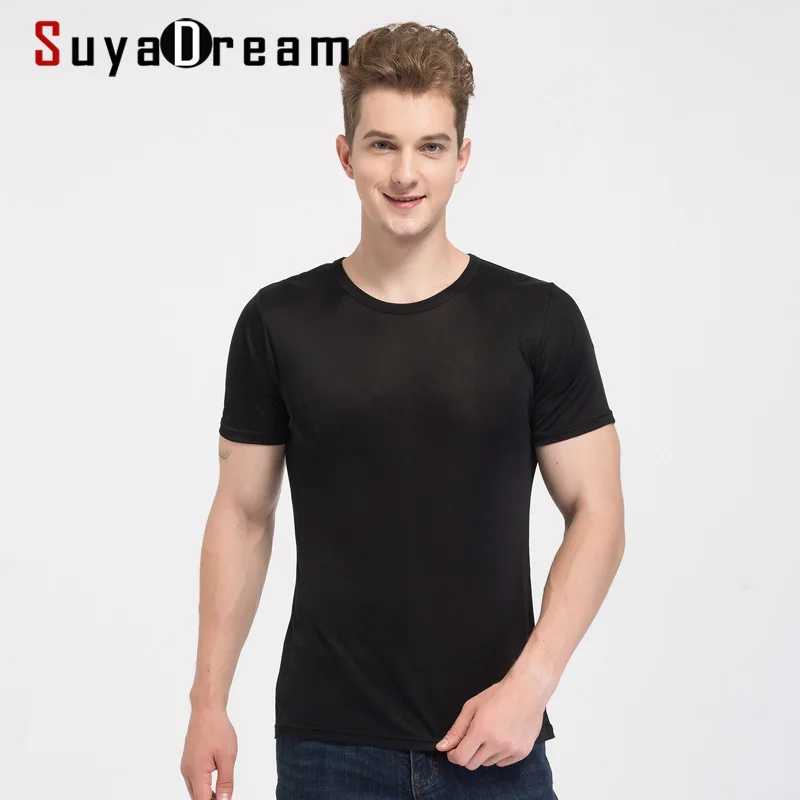Мужская футболка SuyaDream из натурального шелка, трикотажная, однотонная, с круглым вырезом, с коротким рукавом, бежевая, белая, темно-синяя, новинка 2025 года, весна-лето, топ Футболки и майки