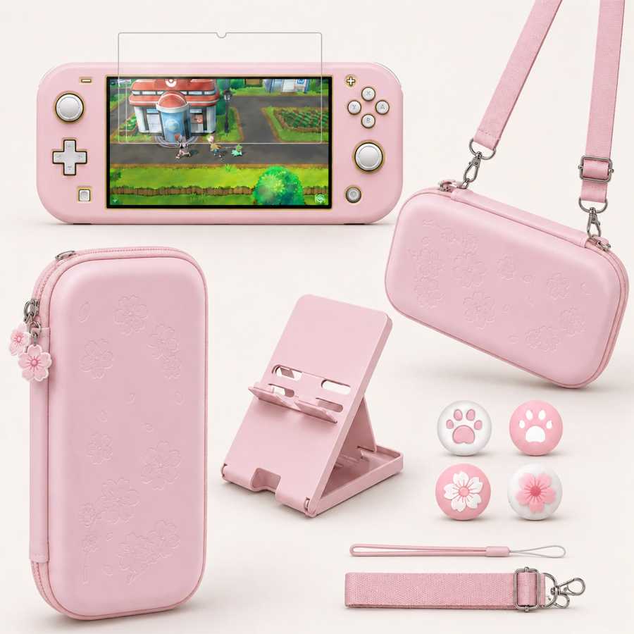 Розовый дорожный чехол, аксессуары для Nintendo Switch Lite, милая сумка для переноски Sakura Poch с ремешком-подставкой, защитная пленка из закаленного стекла Видеоигры и аксессуары