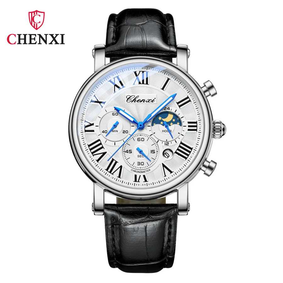 CHENXI 973 Мужские наручные часы, многофункциональные деловые часы с фазой Луны и датой, водонепроницаемые кожаные кварцевые часы с римским циферблатом для мужчин Мужские часы