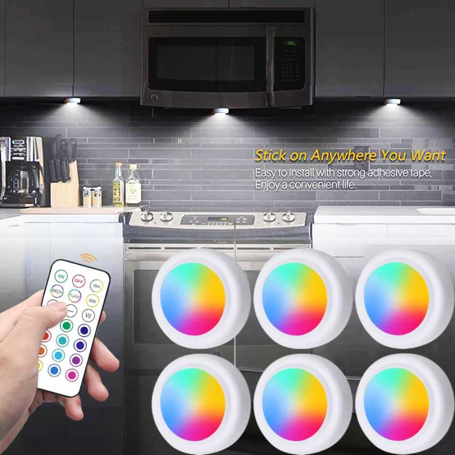 RGB светодиодный светильник под шкафом с дистанционным управлением, питание от аккумулятора, беспроводной регулируемый ночник, светодиодные фонари для домашнего освещения гардероба Внутреннее освещение