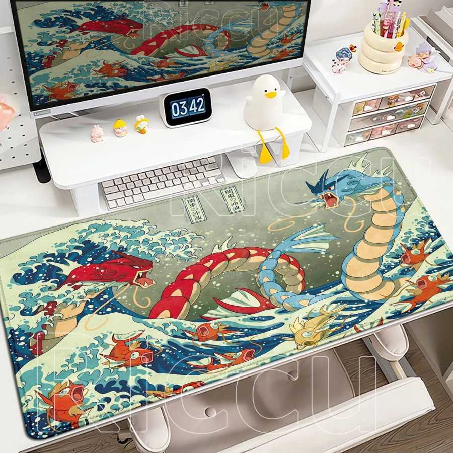 Игровой коврик для мыши с аниме-дизайном P-Pokemons Gyarados, большой нескользящий резиновый коврик для мыши, геймерский коврик XXL 900x400 мм, коврик для клавиатуры и мыши для ПК, настольный коврик-ковер Компьютерная периферия