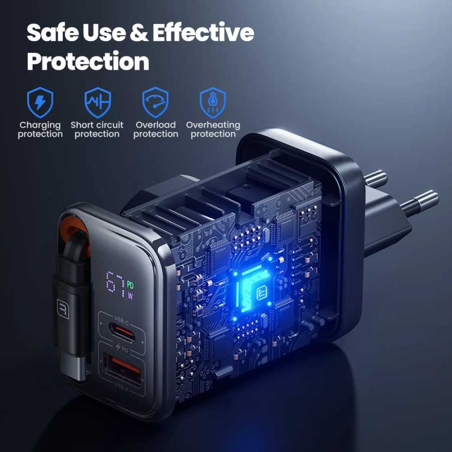 Фотография №3 товара Toocki 67 Вт USB-зарядное устройство с дисплеем и кабелем типа