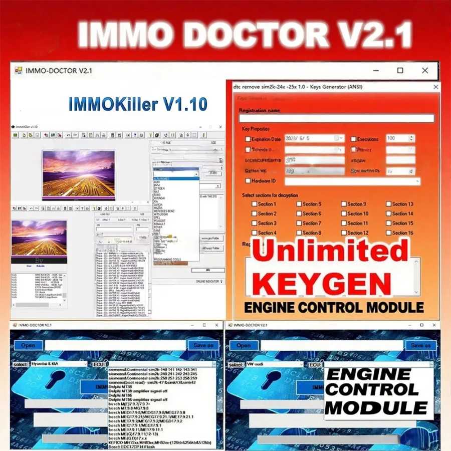 Сканер ImmoKiller V1.10 obd2 Автомобильное программное обеспечение + IMMO DOCTOR V2.1 с неограниченным количеством KEYGEN MULTI BRAND Immo Off Программное обеспечение ЭБУ Чип-тюнинг Инструмент для ремонта автомобилей