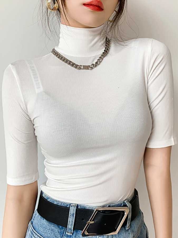 Фотография №2 товара Basic Cotton T Shirt Women Turtleneck Slim Tshirt Short Sleeve