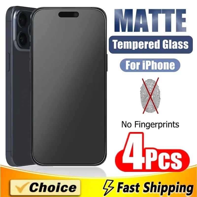 4 шт. матовое закаленное стекло для iPhone 14 13 12 11 15 Pro Max 7 8 16 Plus матовая защитная пленка для экрана для iPhone 17 PRO X XR XS MAX Защитная пленка для мобильного телефона