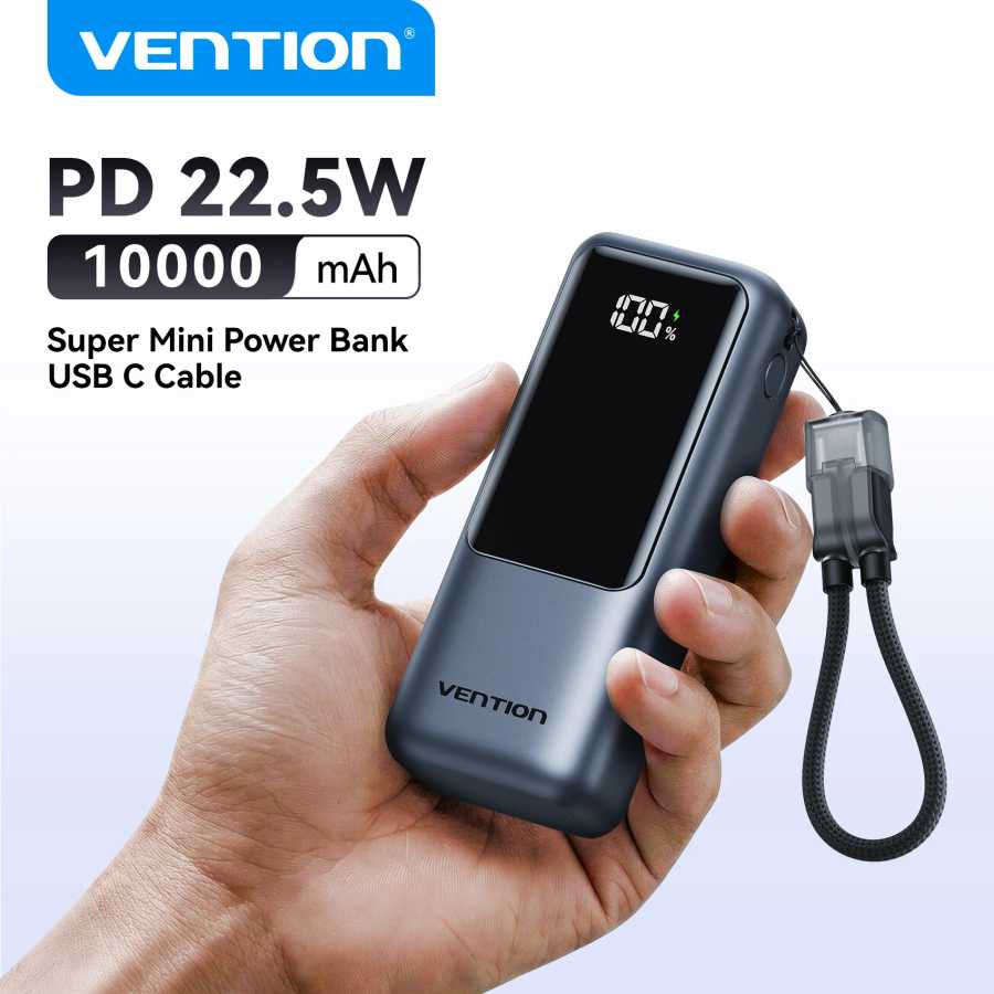 Портативный мини-аккумулятор Vention 10000 мАч, 22.5 Вт, со встроенным кабелем USB-C, быстрая зарядка PD 3.0 для iPhone 17, Samsung S25, S24 Аксессуары для мобильных телефонов