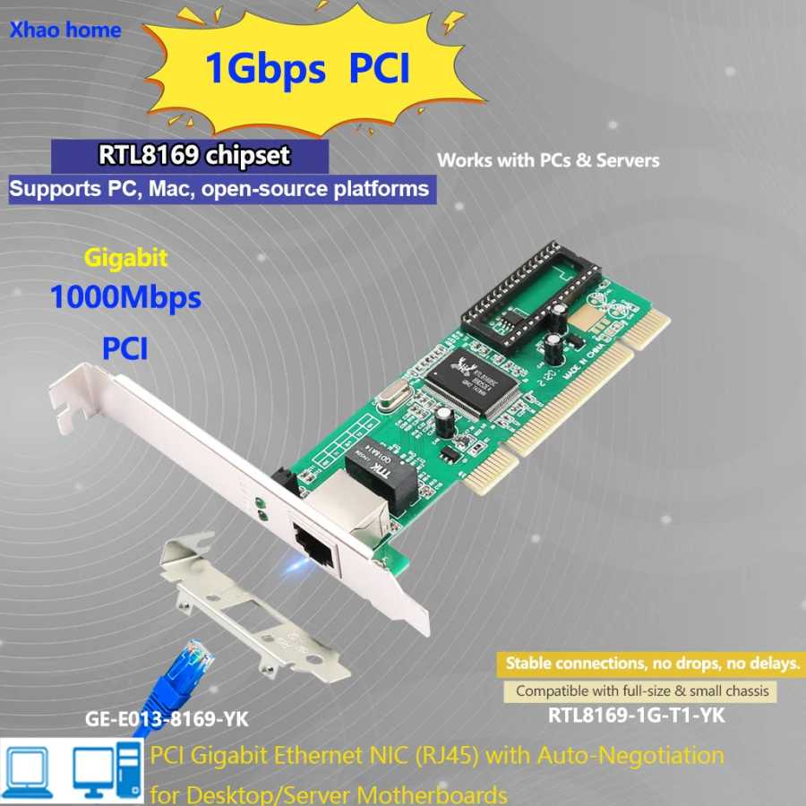 Гигабитная карта PCI Ethernet для настольных ПК Чип RTL8169, 10/100/1000 Мбит/с, один порт RJ45, подходит для больших и маленьких корпусов Сетевой адаптер Сетевое оборудование