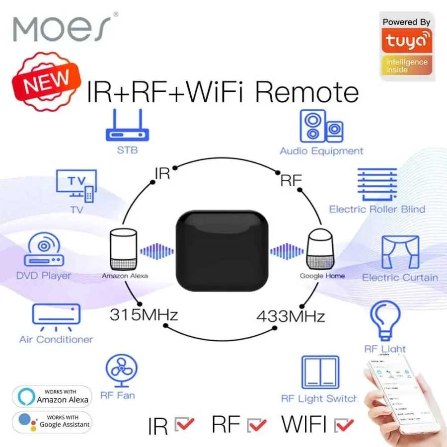 MOES WiFi RF IR Универсальный пульт дистанционного управления RF Бытовая техника Приложение Tuya Smart Life Голосовое управление через Alexa Google Home Доступ к автоматизации здания