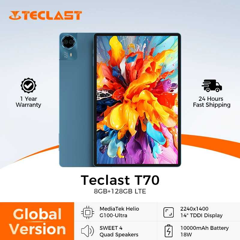 Планшет Teclast T70 14 дюймов с дисплеем 2.2K, Android 15, MTK Helio G100, до 20 ГБ ОЗУ, 128 ГБ ПЗУ, аккумулятор 10000 мАч, 18 Вт, 4G LTE, глобальная версия Планшеты