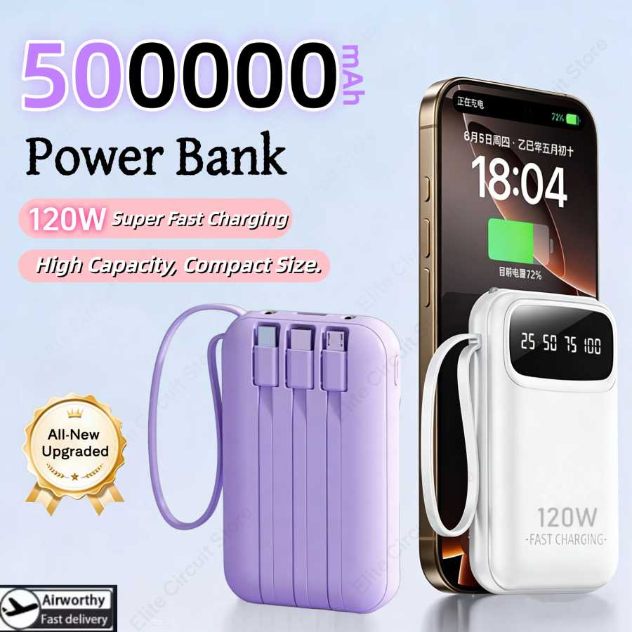 120 Вт, 500000 мАч, внешний аккумулятор большой емкости, сверхбыстрая зарядка, встроенный 4 провода для iPhone Huawei Аксессуары для мобильных телефонов