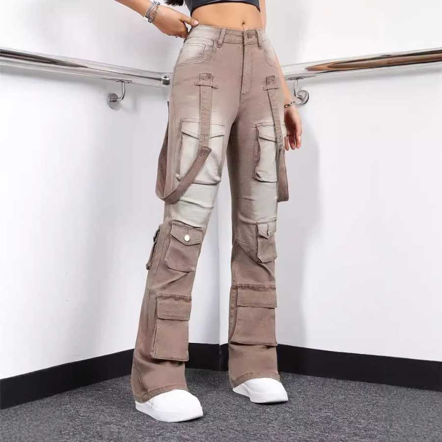 Джинсы с прямыми штанинами American Elastic Force Bindings, женские весенне-осенние джинсы-карго с несколькими карманами и высокой талией в стиле Street-chic Джинсы（Новые）