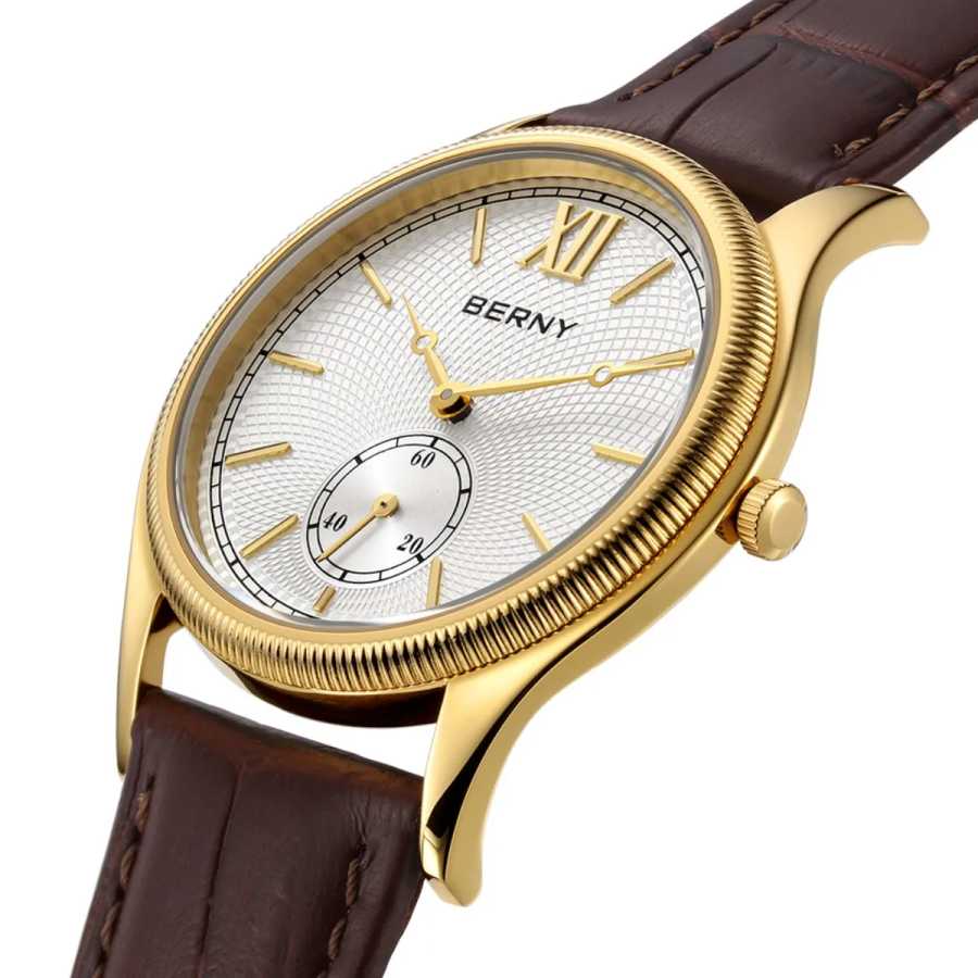 Роскошные мужские часы BERNY, тонкие классические элегантные золотые кварцевые часы для мужчин, модные деловые наручные часы с кожаным ремешком Мужские часы