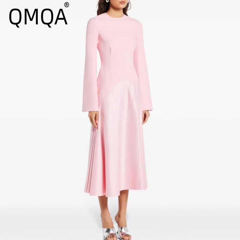 QMQA модное женское вечернее платье с круглым вырезом и длинным рукавом, высокой талией, элегантное платье миди со складками, женская новая одежда 1A913 Платья