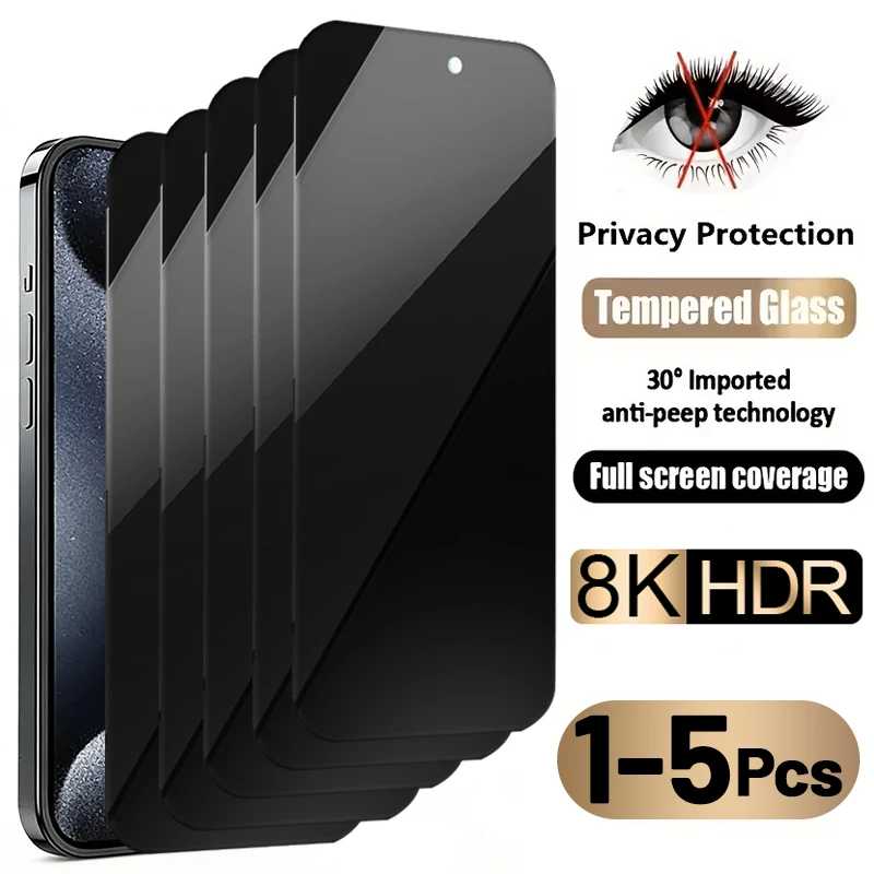 1-5 шт. Защитные стекла Full Cover Anti-Spy для iPhone 14 15 16 17 Pro Max, закаленное стекло для iPhone 6 6S 7 8 X XS Max XR Защитная пленка для мобильного телефона