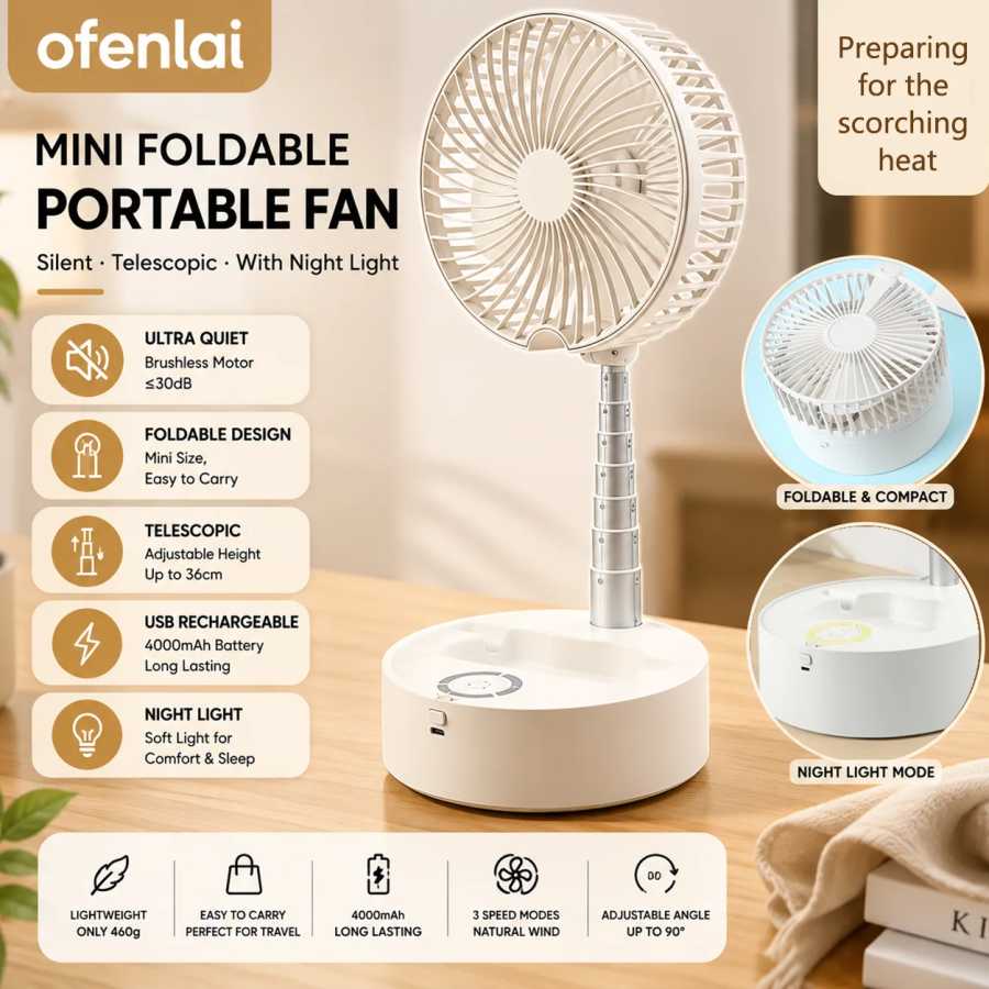 Складной портативный вентилятор OFENLAI с ночником, 7200 мАч, USB-перезаряжаемый, бесшумный мини-вентилятор для спальни, офиса, путешествий Техника для дома