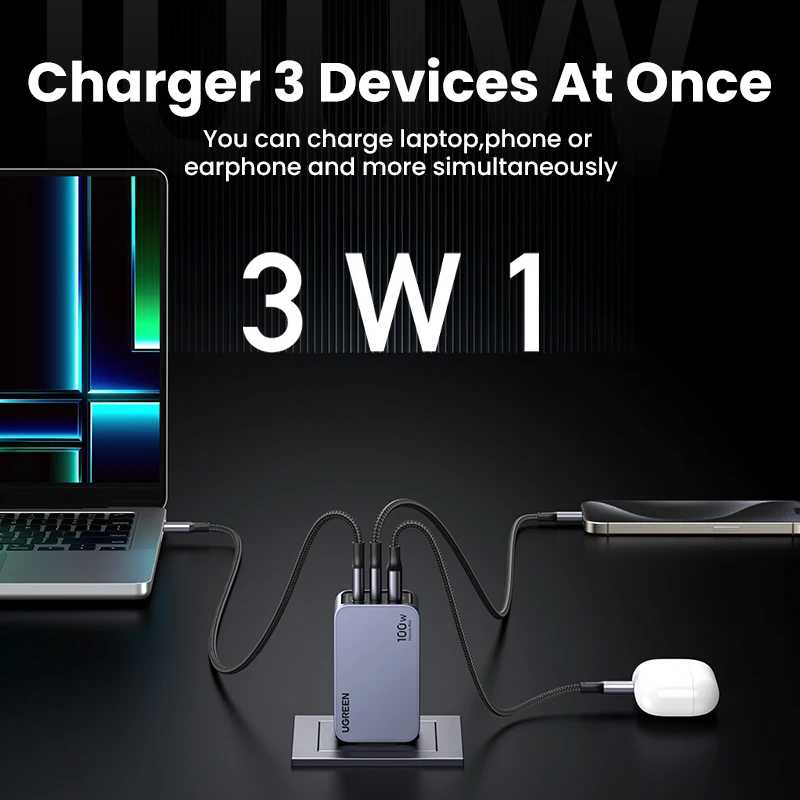 Фотография №2 товара Зарядное устройство UGREEN, 100 Вт, USB C, QC4.0 3,0, быстрая