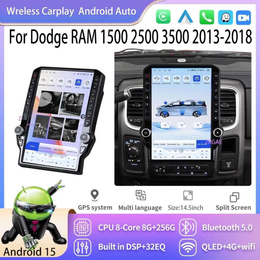14,5-дюймовый автомобильный мультимедийный проигрыватель на Android 15 для Dodge RAM 1500 2500 3500 2013-2018 с GPS-навигацией, экраном в стиле Tesla и беспроводным CarPlay Автоэлектроника