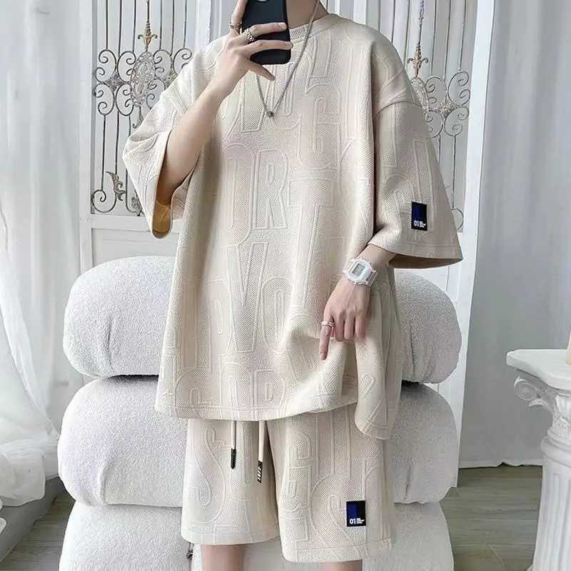 Новый мужской летний костюм 2026 3D Waffle TZ30: повседневная футболка + шорты, однотонный спортивный костюм свободного кроя Футболки и майки