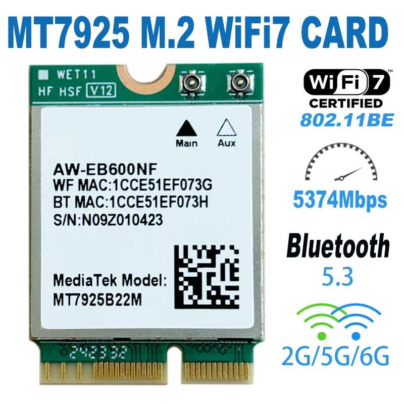 WDXUN для MT7925: Сетевая карта WiFi 7, Bluetooth 5.3, беспроводной адаптер M.2 NGFF, 5400 Мбит/с, трехдиапазонный (2.4G, 5G, 6ГГц) Wi-Fi 7 для Windows 11 Сетевое оборудование