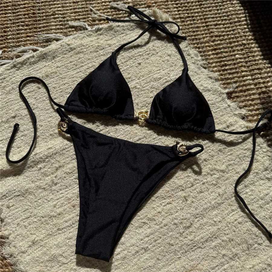 Фотография №3 товара Оранжевый купальник с металлическим кольцом, треугольный микро-бикини на бретельках, сексуальный