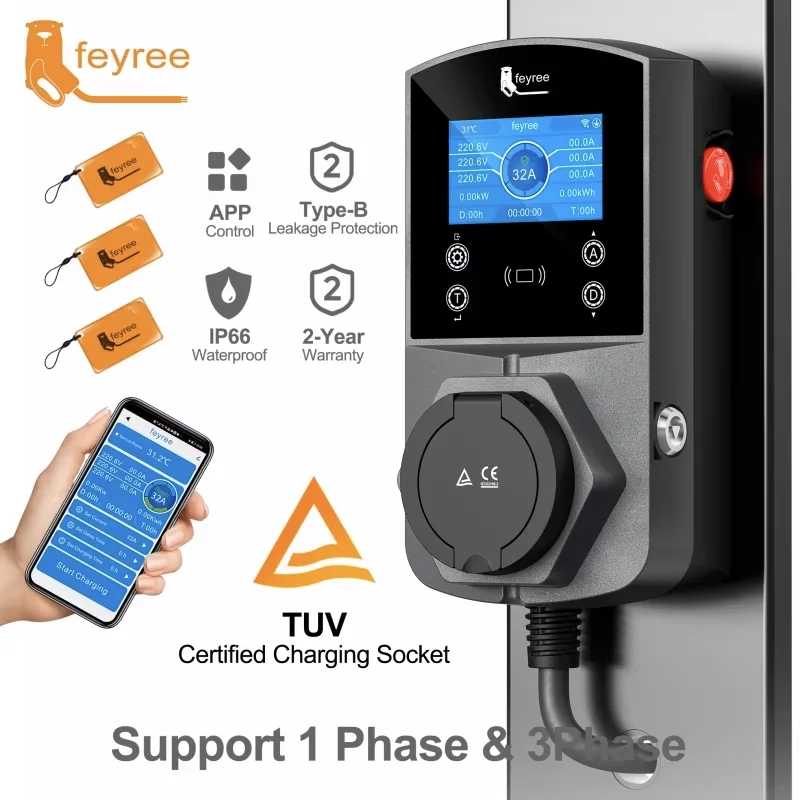 Зарядное устройство Feyree Type2 EV, версия 22 кВт, умная зарядка для электромобилей, совместимая с разъемами TS-NACS Type1 GB/T, настенная зарядная станция EVSE с управлением через Wi-Fi и приложение Новая Энергия транспортного средства Детали и аксессуары
