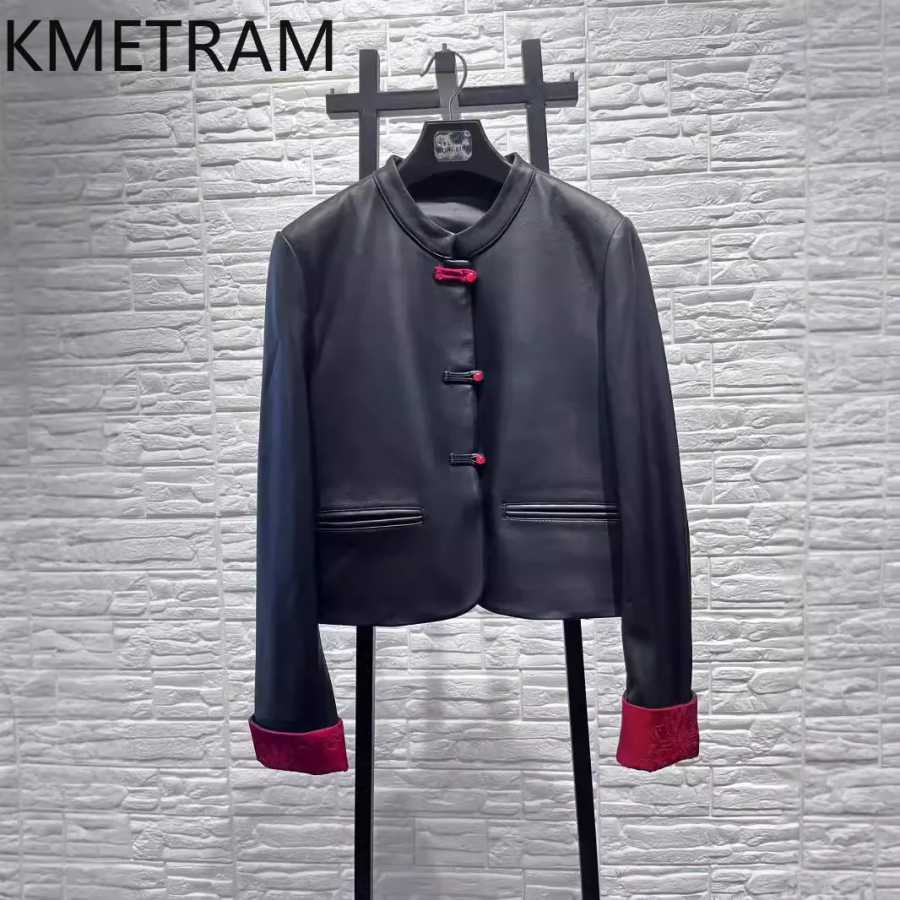 Куртка из натуральной овчины KMETRAM, женская, в китайском стиле, короткое пальто, модная куртка с круглым вырезом, осенняя коллекция 2026, женская одежда, jaqueta Кожаная одежда