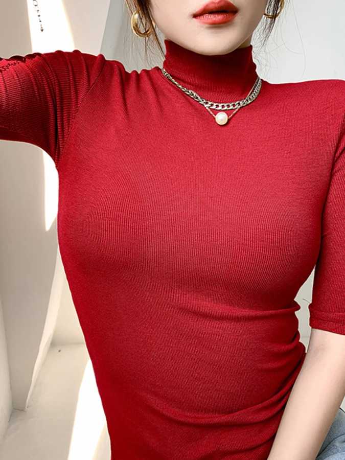 Фотография №5 товара Basic Cotton T Shirt Women Turtleneck Slim Tshirt Short Sleeve