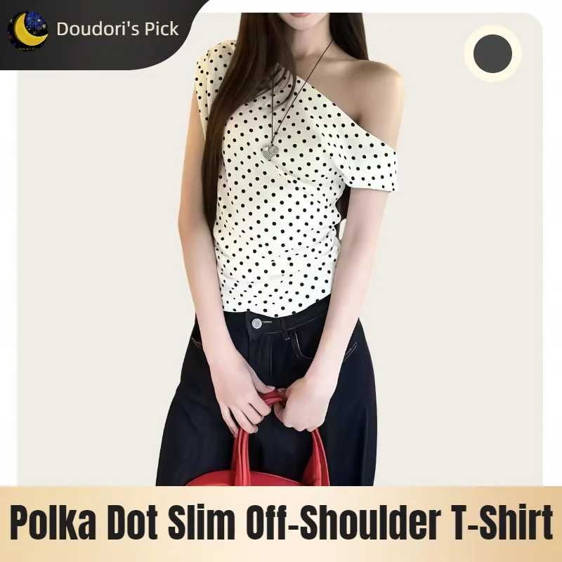 Летняя футболка в корейском стиле ретро, цвета слоновой кости, черная, в горошек, приталенная, с короткими рукавами и открытыми плечами Футболки и топы