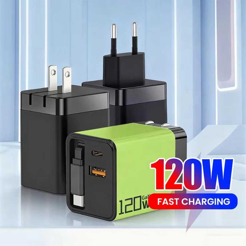 Зарядное устройство 3-в-1 GaN 120 Вт с быстрой зарядкой USB Type-C и выдвижным кабелем Type-C, вилки EU/US/UK, для iPhone 17/16 Pro, Xiaomi, Samsung, Huawei Аксессуары для мобильных телефонов