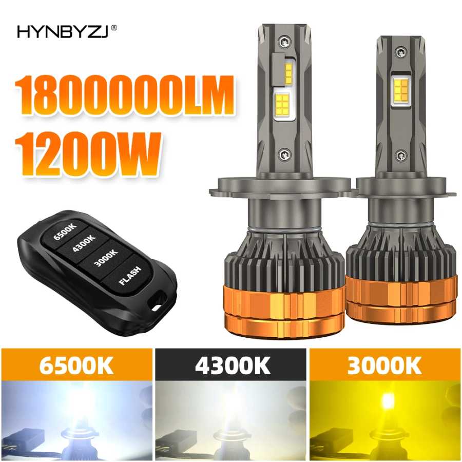 HYNBYZJ H7 1200W H4 Светодиодные фары H1 H11 9005 9006 9012 6500K 4300K 3000K Трехцветный пульт дистанционного управления для автомобильных фар Автомобильные фары