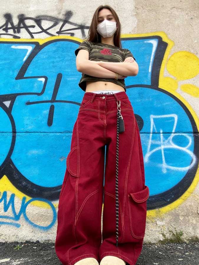 Фотография №2 товара Уличные винтажные джинсы, новые Y2K Harajuku, красные уличные мешковатые джинсы,