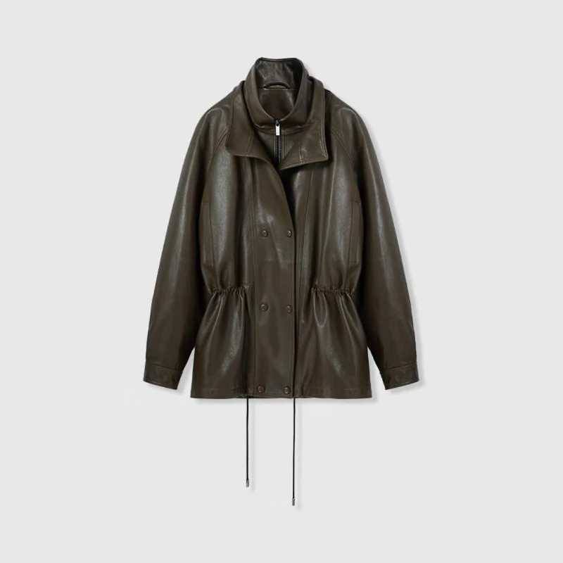 Фотография №5 товара Veste весенне-осенняя кожаная куртка с двойным воротником и нарисованной талией