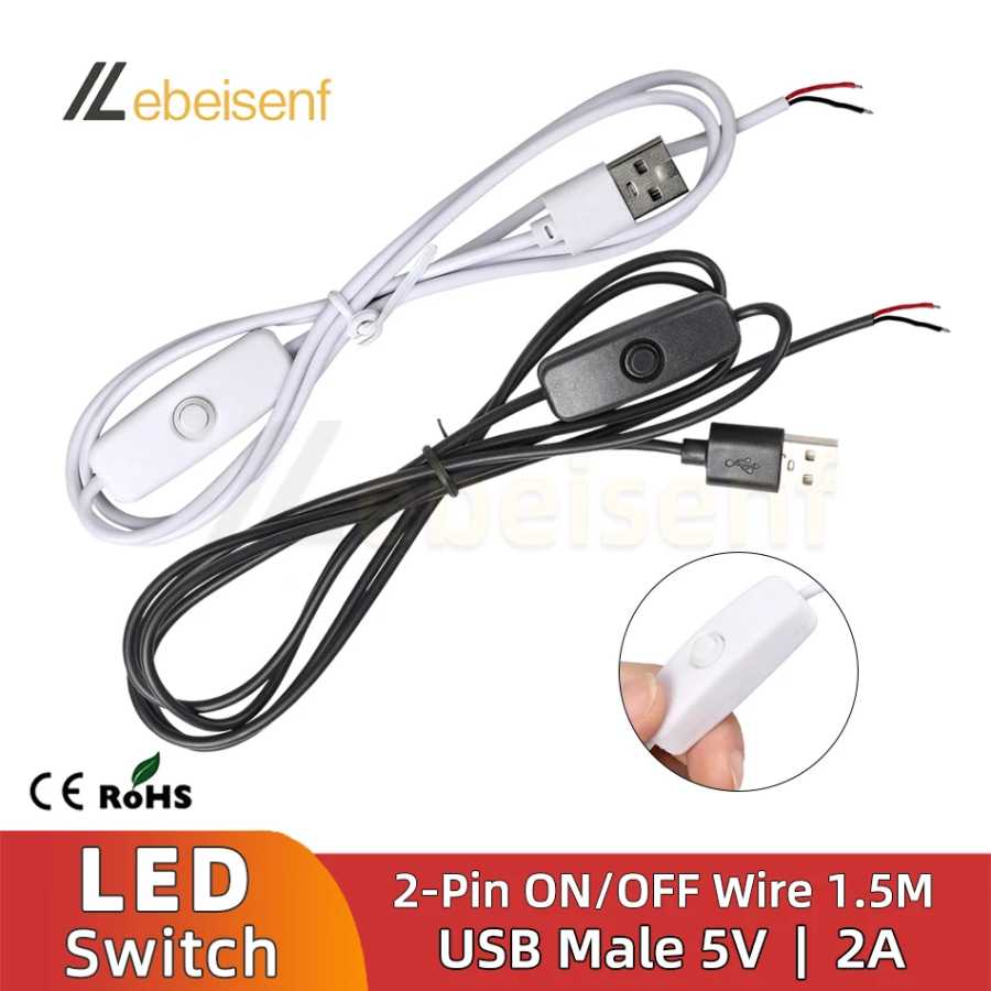Новый переключатель питания 5 В, провод 1,5 м USB &laquo;папа&raquo; на 2-ядерный соединительный кабель 501, кнопка ВКЛ. ВЫКЛ. 2 А для светодиодной ленты, лампы, лампы, сделай сам Системы умного дома