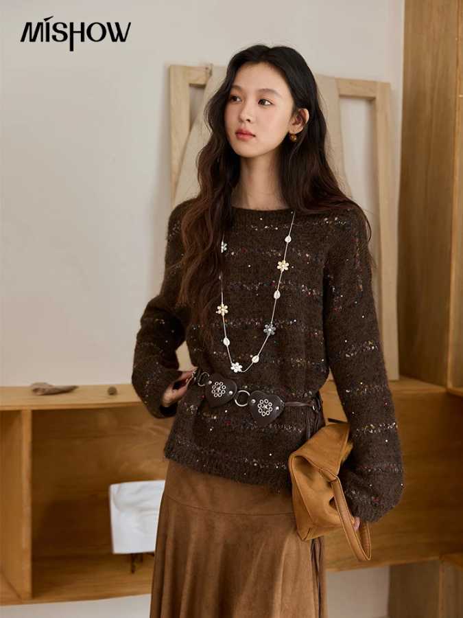 Женский свитер MISHOW из пряжи &laquo;Коричневая хризантема&raquo;, без пояса, осень 2025, из смесовой шерсти, свободный крой, круглый вырез, винтажный вязаный топ MXE47Z2574 Свитеры и джемперы