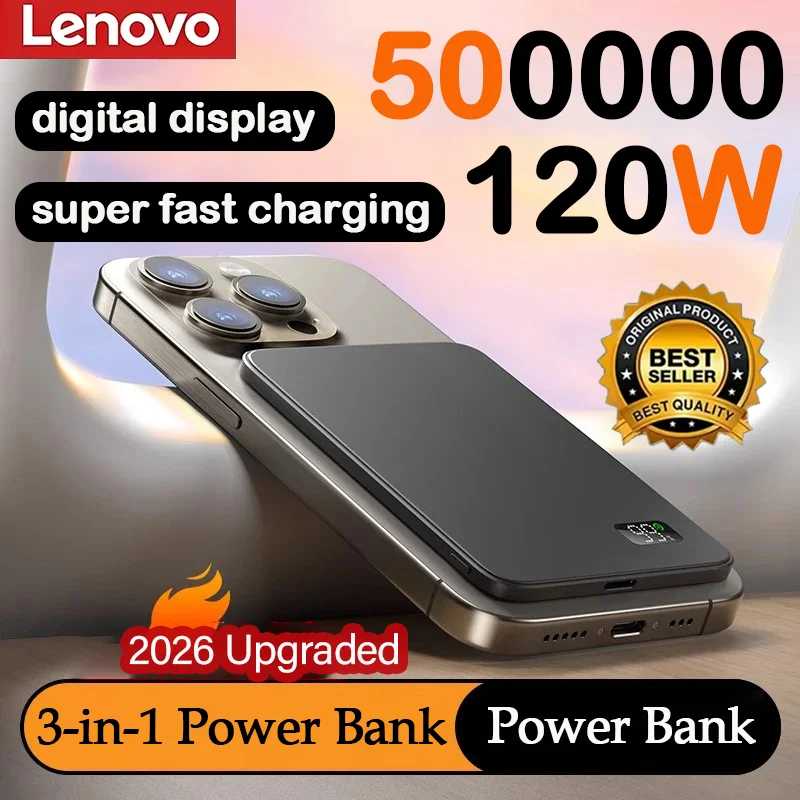 Магнитный беспроводной внешний аккумулятор Lenovo 500000 мАч, ультратонкий, портативный, с сертификацией CCC, сверхбыстрой зарядкой, LED-дисплеем, для MagSafe Аксессуары для мобильных телефонов