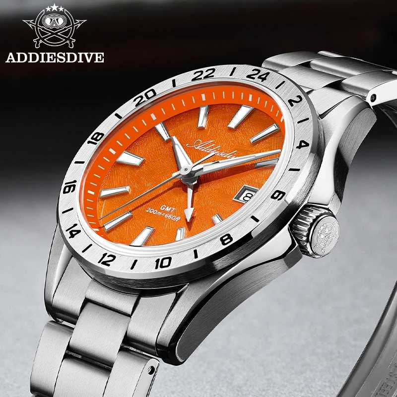 Роскошные швейцарские часы ADDIESDIVE Ronda GMT, водонепроницаемые до 200 м, с двумя часовыми поясами, светящиеся в темноте BGW9, 38 мм, из нержавеющей стали, с кварцевым механизмом Мужские часы