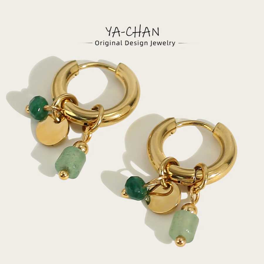 YACHAN 18K Позолоченная нержавеющая сталь Мисс Хооп Серьги ретро - зеленый натуральный камень очарование мода водонепроницаемые ювелирные изделия Бижутерия