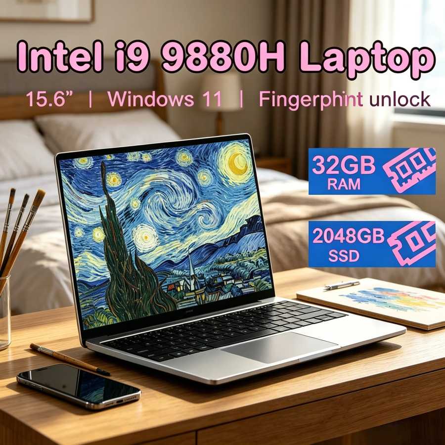 15,6-дюймовый ноутбук с Full HD экраном, процессором Core i9-9880H, высокой производительностью, 32 ГБ оперативной памяти, 2 ТБ SSD, Windows 11, для ежедневного использования Комплект компьютера и офиса