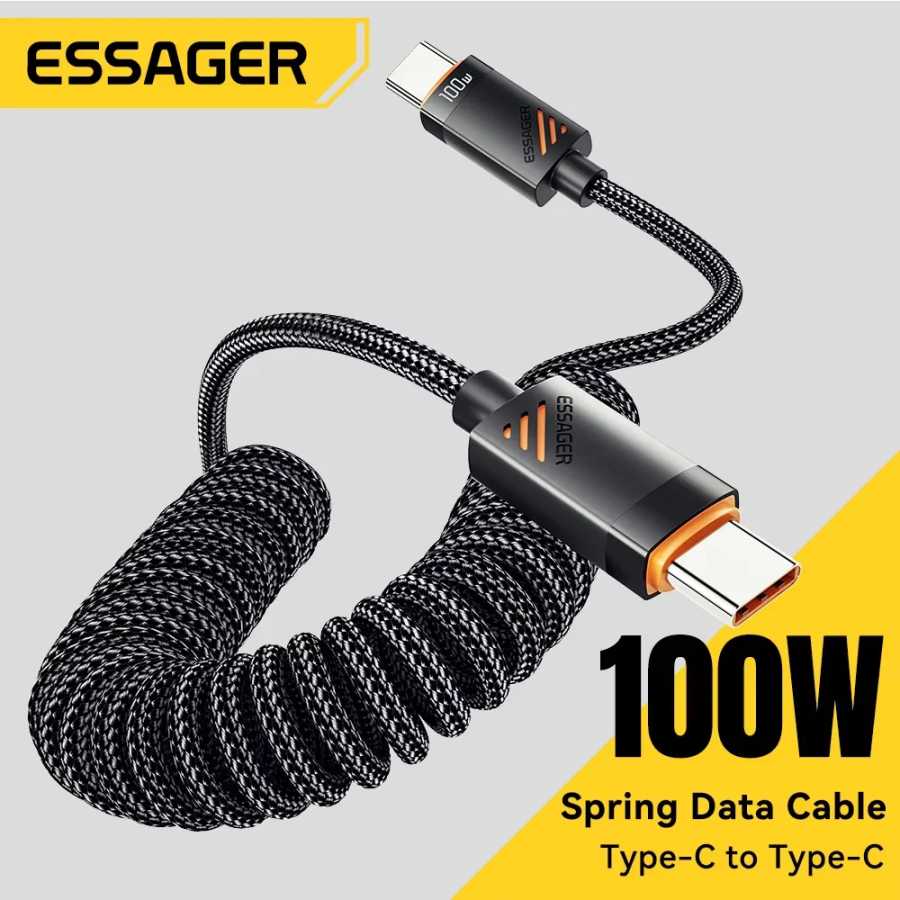 Essager Автомобильный пружинный кабель типа C для iPhone 17 16 15 Pro Xiaomi Samsung 100 Вт PD Быстрая зарядка для Macbook iPad Кабель типа C к C Аксессуары для мобильных телефонов