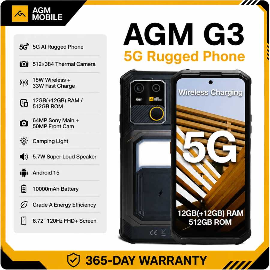 AGM G3 5G Защищенный смартфон 24 ГБ (12+12) 512 ГБ с беспроводной зарядкой, аккумулятор 10000 мАч, экран 6.72' 120 Гц, Dimensity 7300, Android 15, фонарь для кемпинга Мобильные телефоны