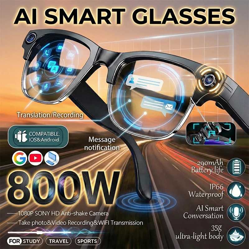 Умные очки 4K HD с камерой, записью видео, распознаванием фото ИИ, Bluetooth-звонками, голосовым переводом и функцией солнцезащитных очков для мужчин Умная электроника