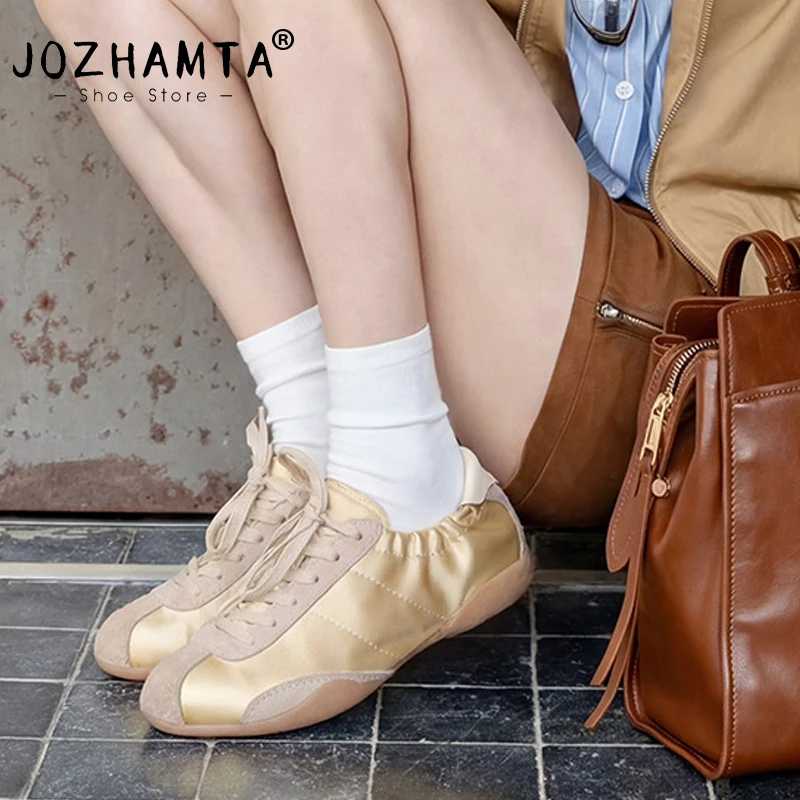 Женские модные кроссовки JOZHAMTA из натуральной кожи, размеры 35-40, на плоской подошве, с контрастными вставками, повседневные, с круглым носком, на шнуровке Женская обувь