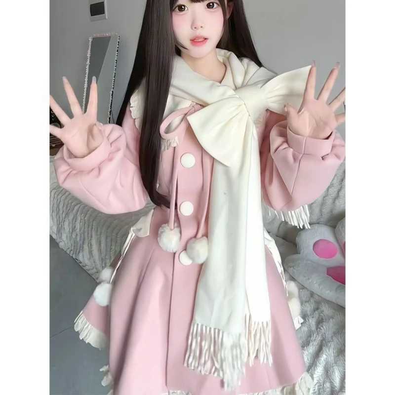 Японское милое шерстяное пальто Kawaii, женское милое пальто с оборками, воротник Питера Пэна, тонкая хлопковая куртка с бантом и шарфом, женские зимние парки, пальто Пальто и куртки
