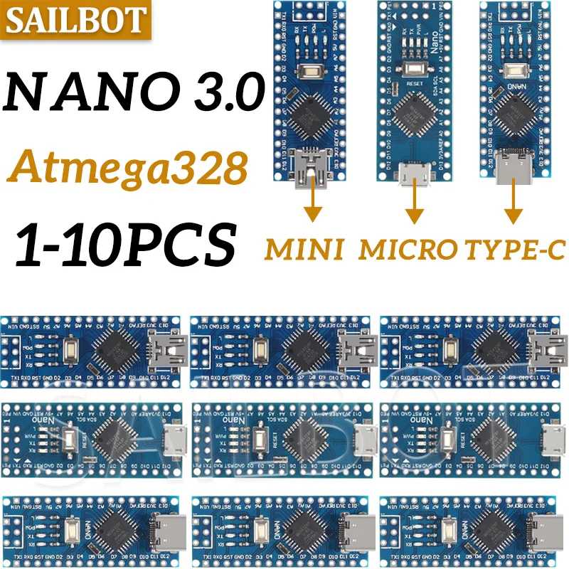 10-1 шт. Nano 3,0 с загрузчиком, совместимым контроллером CH340, USB-драйвер Mini/Type-C/Micro 16 МГц ATMEGA328P для Arduino Активные компоненты