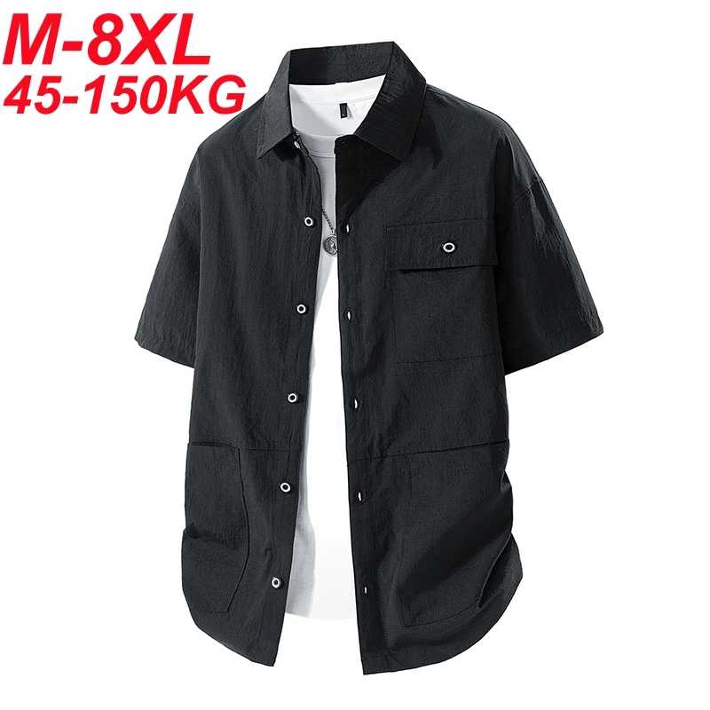 Летние рубашки для мужчин, большой размер 6XL, 7XL, 8XL, дышащая деловая официальная рубашка, мужская рубашка с коротким рукавом, однотонная, хаки, белая, 50-140 кг Мужские рубашки
