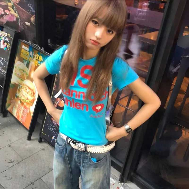 Фотография №2 товара Karrram Японская футболка с буквенным принтом Y2k Trashy 2000-х Стиль