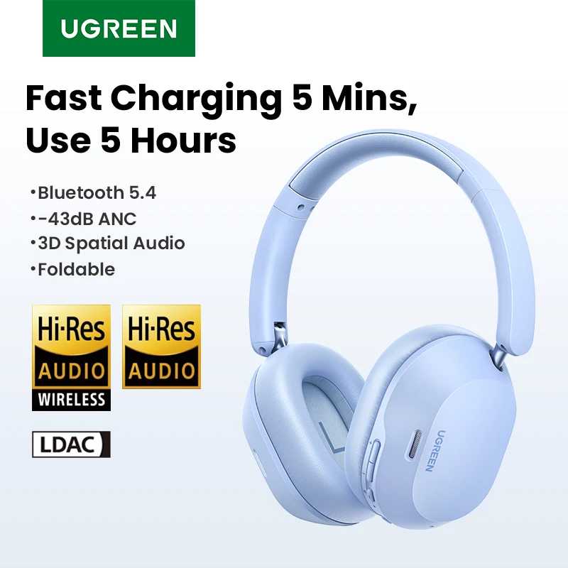 UGREEN Max5c Беспроводные Bluetooth-наушники 43 дБ Гибридные активные шумоподавляющие Hi-Res LDAC 75H Пространственные аудио наушники-вкладыши Гарнитура Портативное аудио и видео