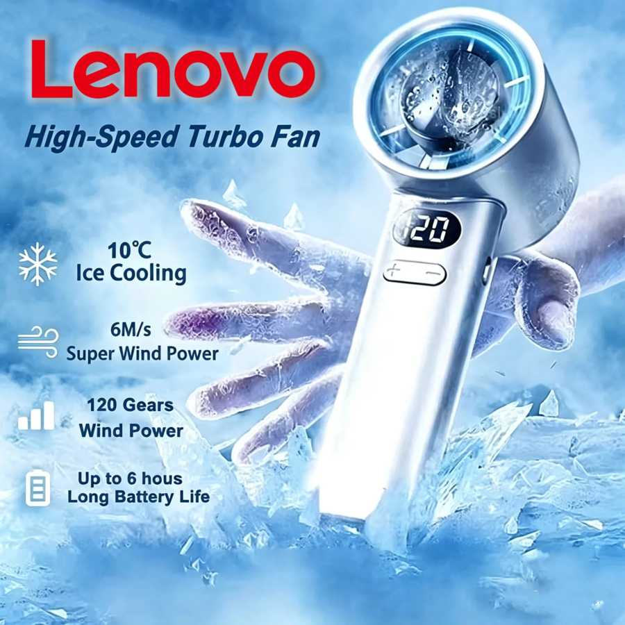 Портативный вентилятор Lenovo 6000 мАч с LED-дисплеем, электрический ручной вентилятор с функцией ледяного компресса, высокоскоростной, USB-перезаряжаемый 2026 Техника для дома