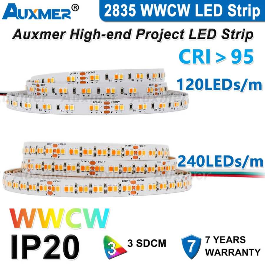 Светодиодные ленты Auxmer 2835 WWCW, 120 светодиодов/м 240 светодиодов/м, CRI>95 Супер яркий гибкий светодиод DC12/24 В, 5 м/катушка, CCT 2400 ~ 6500 К, IP20, 3SDCM Светодиодная подсветка